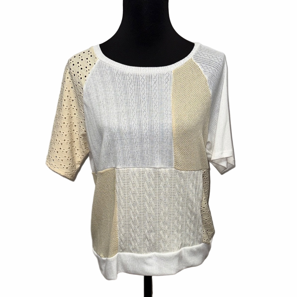 Sugarfox Patchwork Knit Short Sleeve Top Neutral Cream Beige
